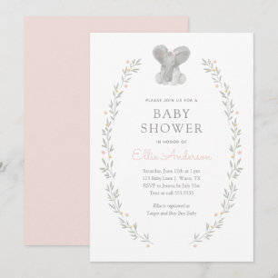 Rosa Elephant Blommigt Greenery Girl Baby Shower Inbjudningar