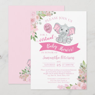 Rosa Elephant & Blommigt Virtuell Flicka Shower Inbjudningar