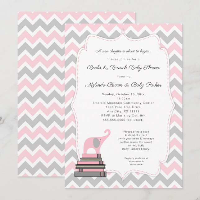 Rosa Elephant Bok Baby Shower, bokar och brunch Inbjudningar (Fram/baksida)