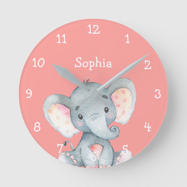Rosa Elephant Cute Flicka Namn Personlig Rund Klocka (Framsida)
