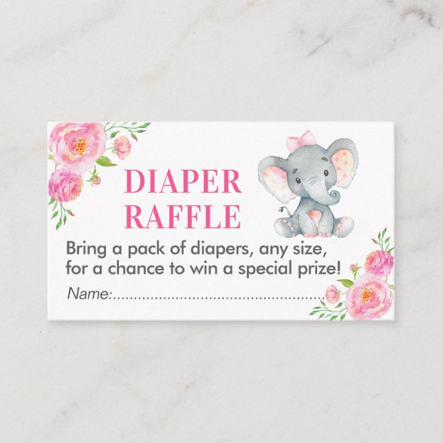 Rosa Elephant Diaper Raffle Biljett Girl Shower Tilläggskort (Framsida)