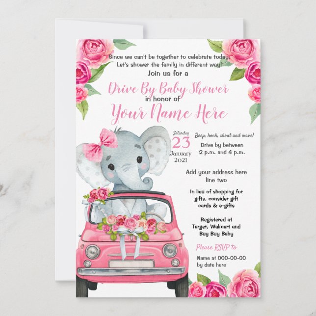Rosa Elephant Drive by Baby Shower Rosor Girl Inbjudningar (Framsida)