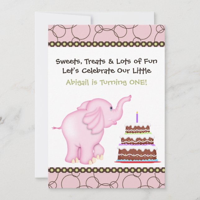 Rosa Elephant First Birthday Call for Girls Inbjudningar (Framsida)