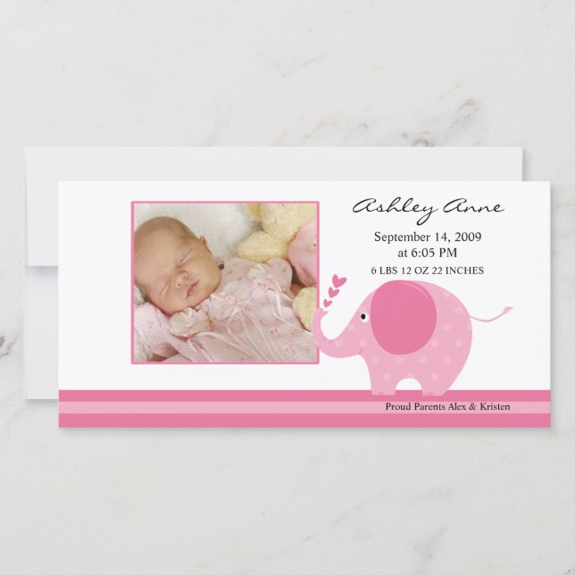 Rosa Elephant Flicka Birth Annoucement Meddelande (Framsida)