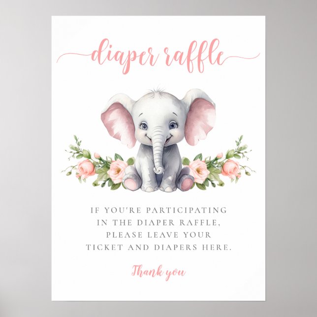 Rosa Elephant Flicka Shower Diaper Raffle Poster (Framsidan)
