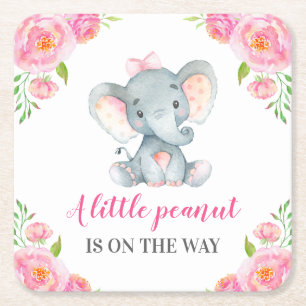Rosa Elephant Flicka Shower Sprinkle Birthday Underlägg Papper Kvadrat