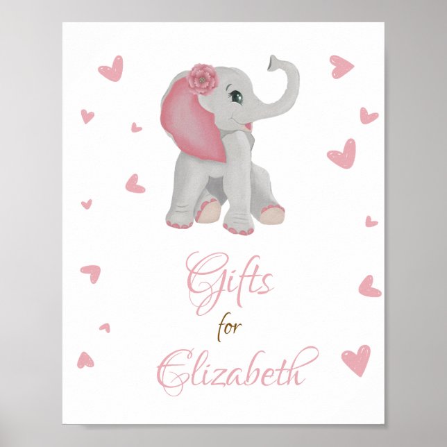  Rosa Elephant Gifts Girl Baby Shower Sign Poster (Framsidan)