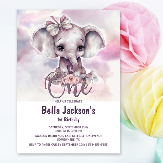 Rosa Elephant Girl 1st Birthday Party Inbjudningar (Skapare uppladdad)