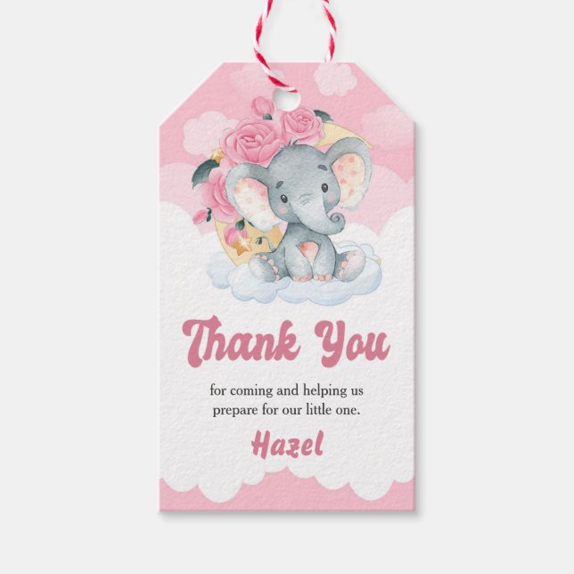Rosa Elephant Girl Baby Shower Favor Gift Märkre Presentetikett (Framsidan)