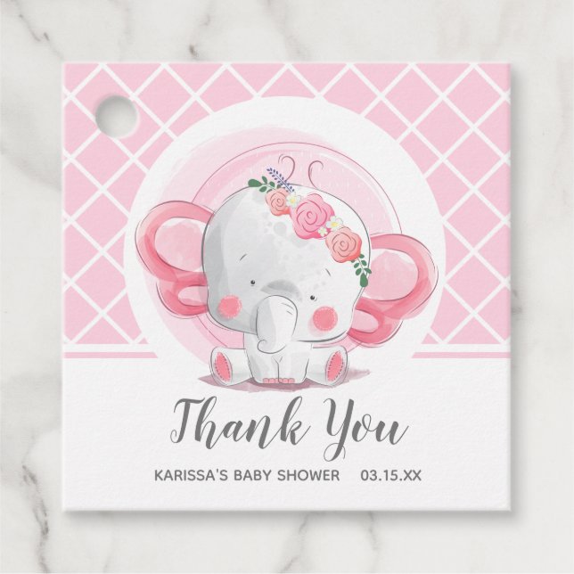 Rosa Elephant Girl Baby Shower Gåvor Etiketter (Framsida)