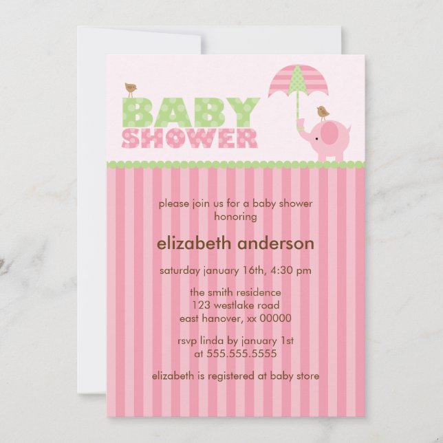 Rosa Elephant Girl Baby Shower Inbjudningar (Framsida)