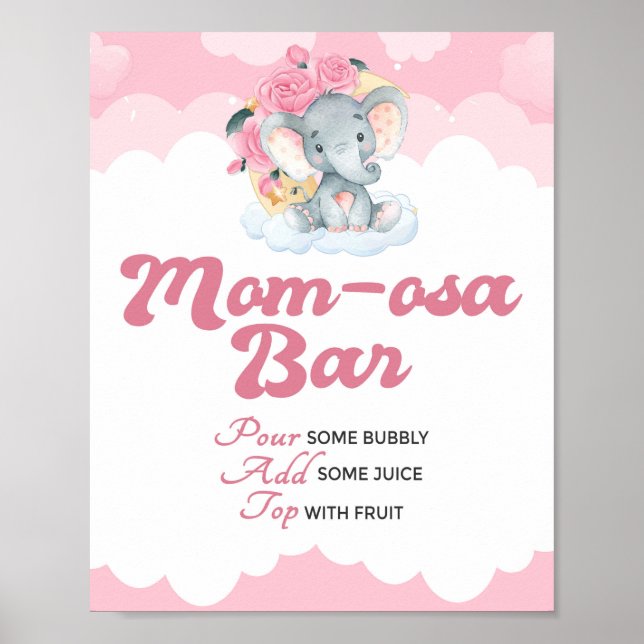 Rosa Elephant Girl Baby Shower Momosa Pub-tecken Poster (Framsidan)