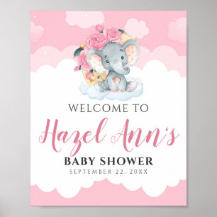 Rosa Elephant Girl Baby Shower Välkomstskylt Poster