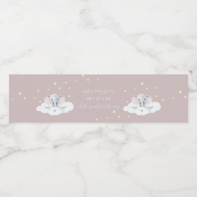 Rosa Elephant Girl Baby Shower Vattenflaska Labels Vattenflaskor Etikett (Singel etikett)