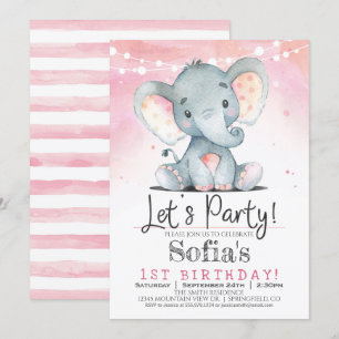 Rosa Elephant Girl Födelsedagsfest inbjudan