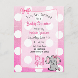 Rosa Elephant Girl's Baby Shower Inbjudan