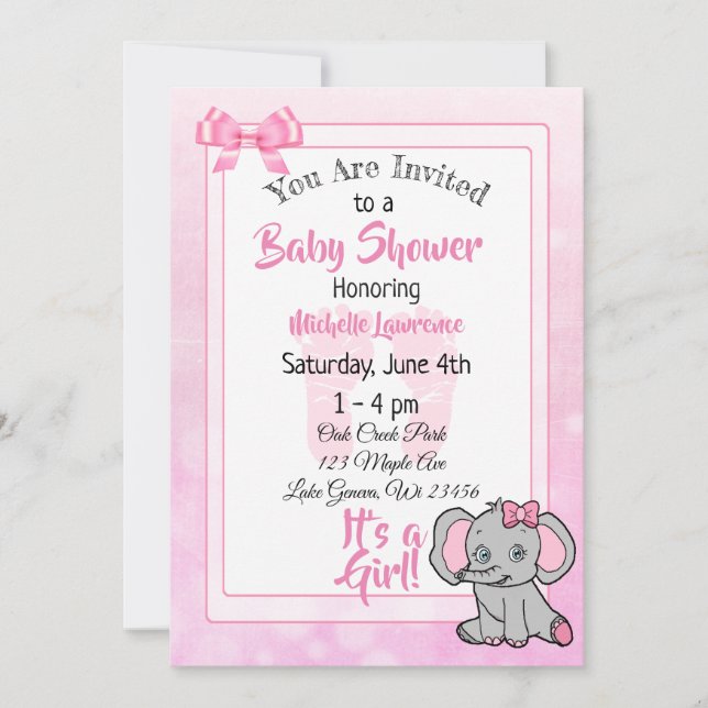 Rosa Elephant Girl's Baby Shower Inbjudningar (Framsida)