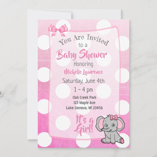 Rosa Elephant Girl's Baby Shower Inbjudningar (Framsida)