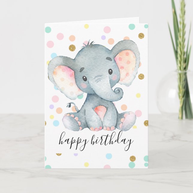 Rosa Elephant Girls Birthday Polka Dot Glitter Rol Kort (Framsida)
