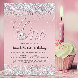 Rosa Elephant Glitter 1:a födelsedag Party Inbjudningar