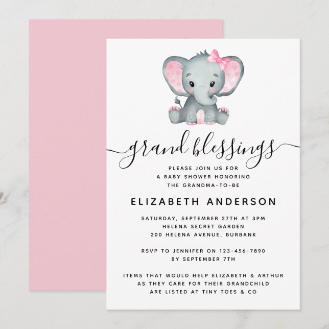 Rosa Elephant Grandma Baby Shower Inbjudningar (Fram/baksida)
