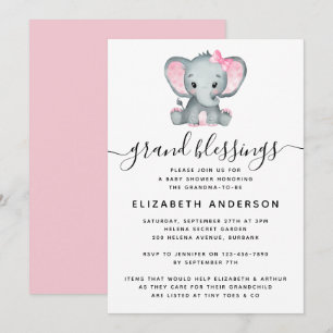Rosa Elephant Grandma Baby Shower Inbjudningar