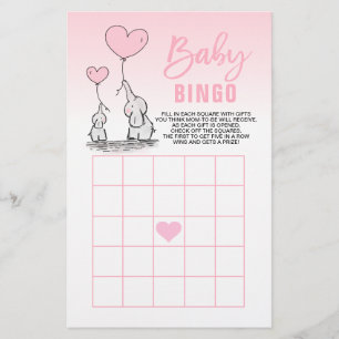 Rosa Elephant Heart Girl Baby Shower BINGO Cards Flygblad
