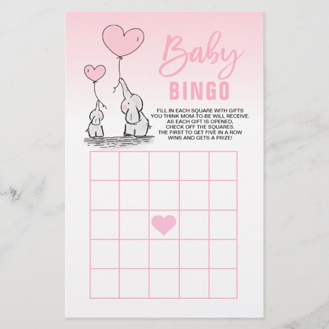 Rosa Elephant Heart Girl Baby Shower BINGO Cards Flygblad (Framsidan)