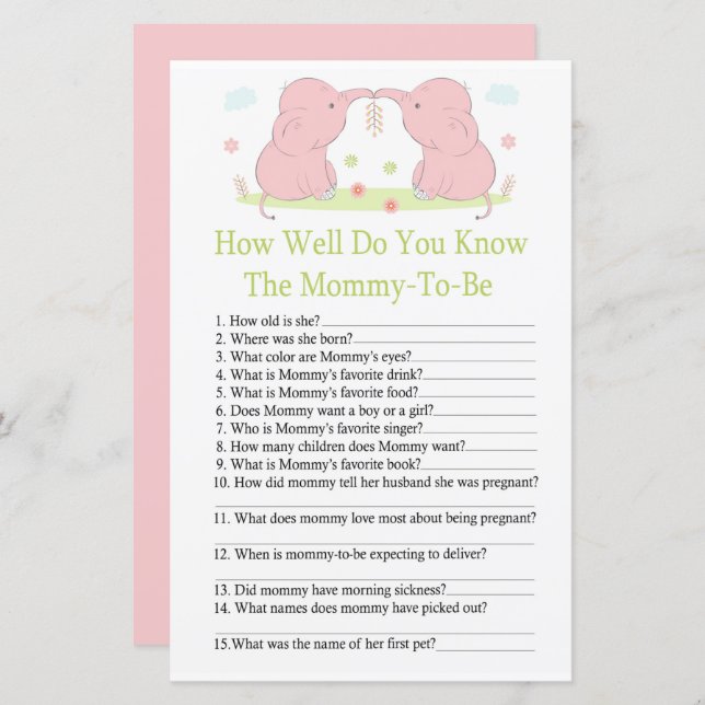 Rosa Elephant Hur väl känner du till baby showerma (Fram/baksida)