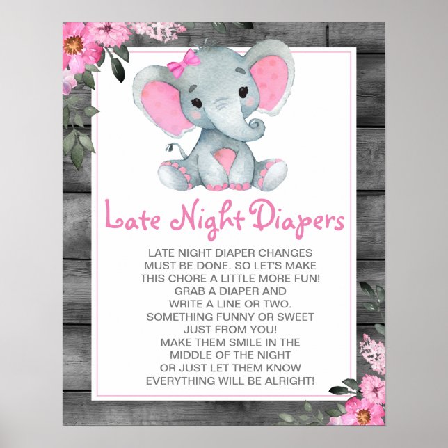 Rosa Elephant Late Late Night Diaper Baby Shower S Poster (Framsidan)
