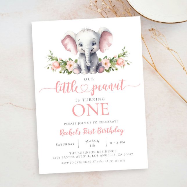 Rosa Elephant Little Peanut Girl 1st Birthday Inbjudningar (Skapare uppladdad)