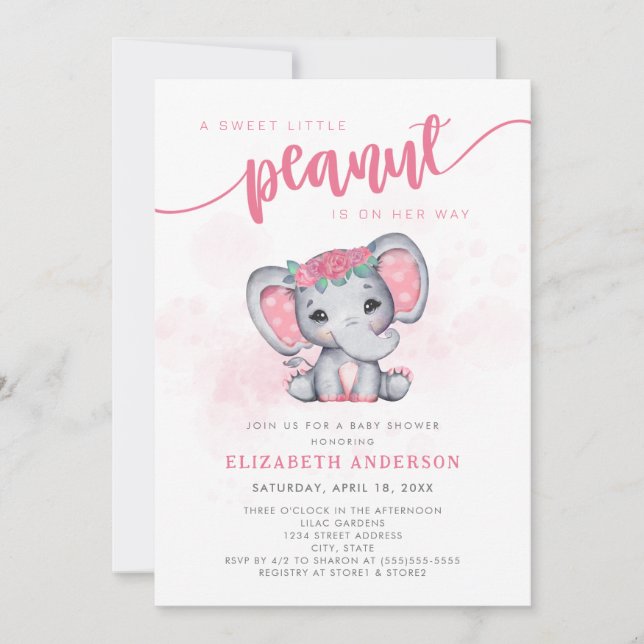 Rosa Elephant Little Peanut Girl Baby Shower Inbjudningar (Framsida)