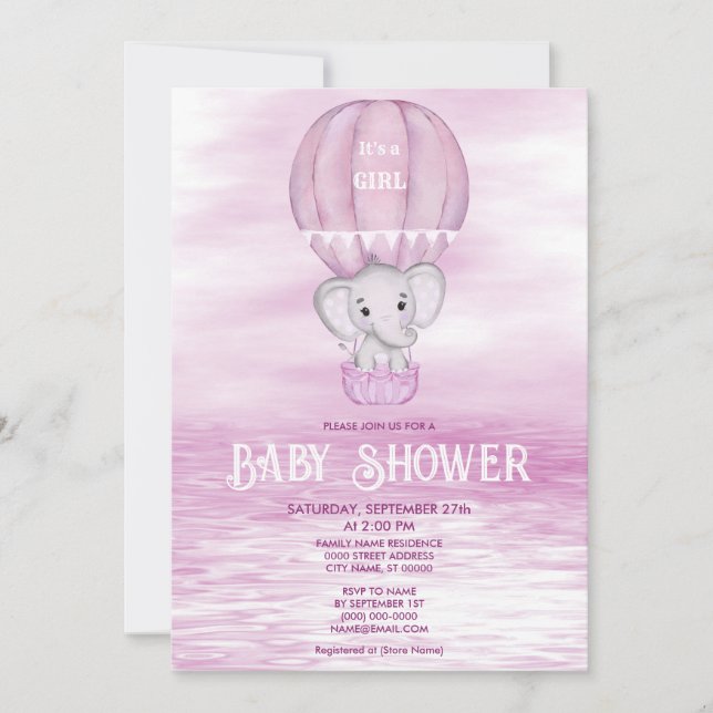 Rosa Elephant Luftballong Baby Shower Inbjudningar (Framsida)
