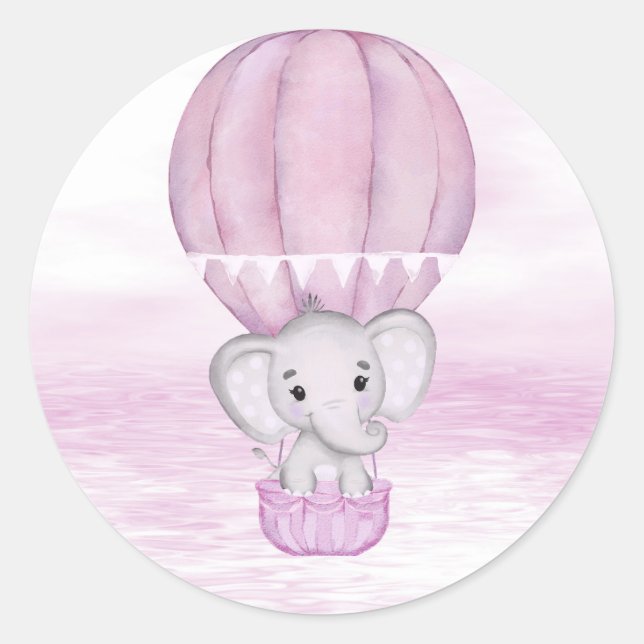 Rosa Elephant Luftballong Sticker Runt Klistermärke (Framsida)