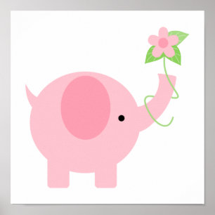 Rosa Elephant med blommor Poster