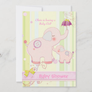 Rosa Elephant Parbrella Flicka Shower Inbjudningar