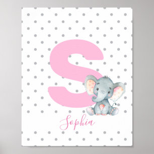 Rosa Elephant Personlig Girl Baby Namn Nursery Poster