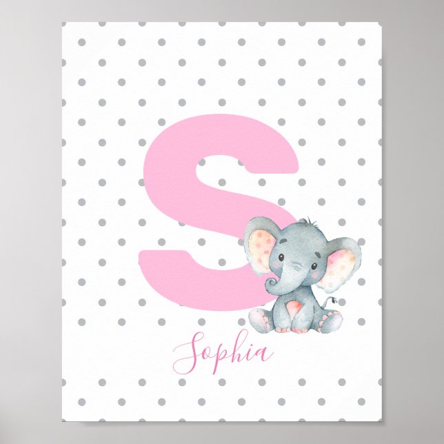 Rosa Elephant Personlig Girl Baby Namn Nursery Poster (Framsidan)