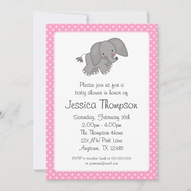Rosa Elephant Polka dots Baby Shower Inbjudningar (Framsida)