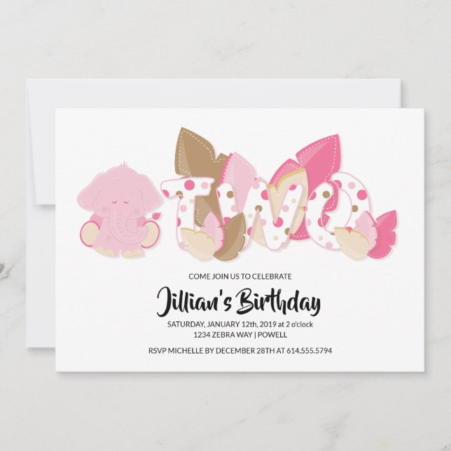 Rosa Elephant Second Födelsedagsfest inbjudan (Framsida)