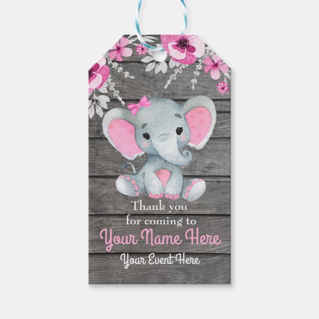 Rosa Elephant Tack Märkre Rustic Flowers Presentetikett (Framsidan)