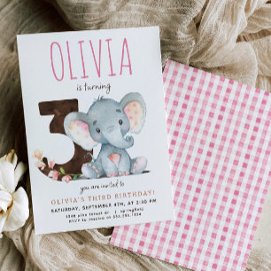Rosa Elephant Tredje födelsedagsinbjudan Inbjudningar