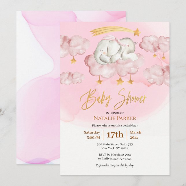 Rosa Elephant Twinkle Little Star Baby Shower Inbjudningar (Fram/baksida)