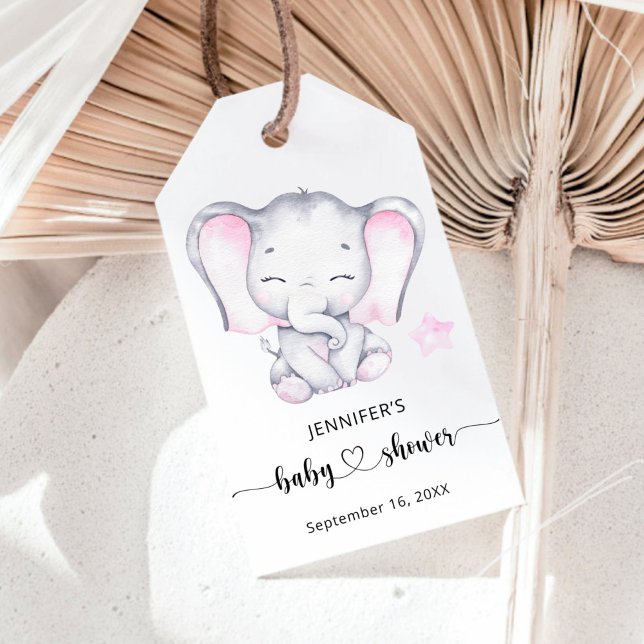 Rosa Elephant Watercolor Baby Shower Presentetikett (Skapare uppladdad)