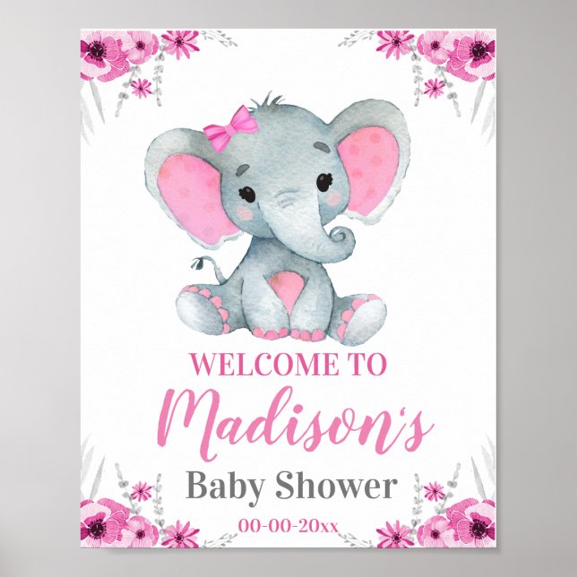 Rosa Elephant Welcome Sign, Girl Rustic Shower Poster (Framsidan)