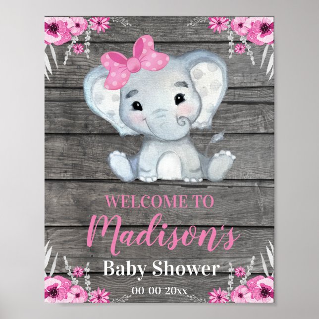 Rosa Elephant Welcome Sign, Girl Rustic Shower Poster (Framsidan)