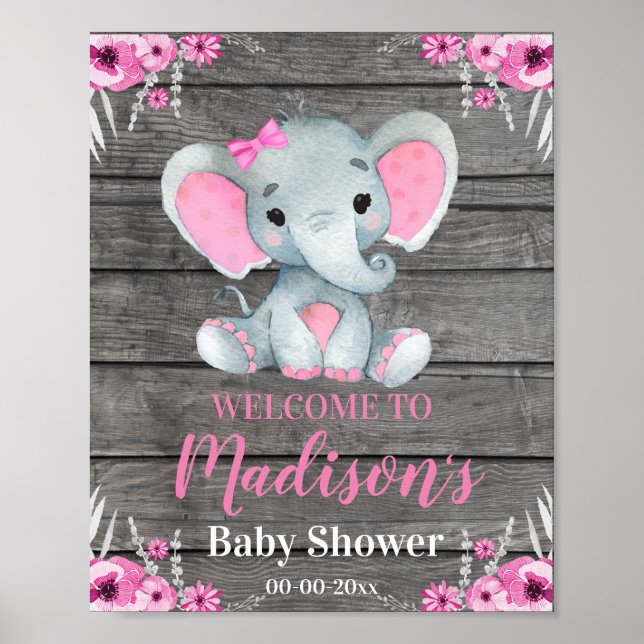 Rosa Elephant Welcome Sign, Girl Rustic Shower Poster (Framsidan)