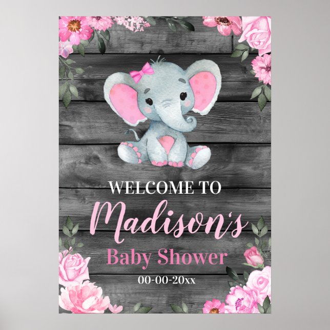 Rosa Elephant Welcome Sign, Girl Shower Tabletop Poster (Framsidan)