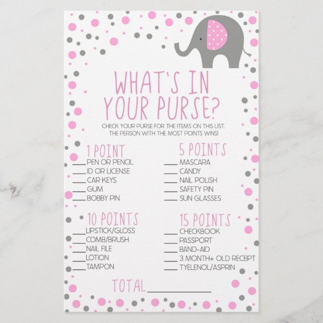 Rosa Elephant What's in Purse Baby Shower Game Brevpapper (Framsida)