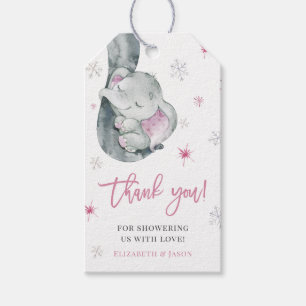 Rosa Elephant Winter Girl Baby Shower Tack Presentetikett